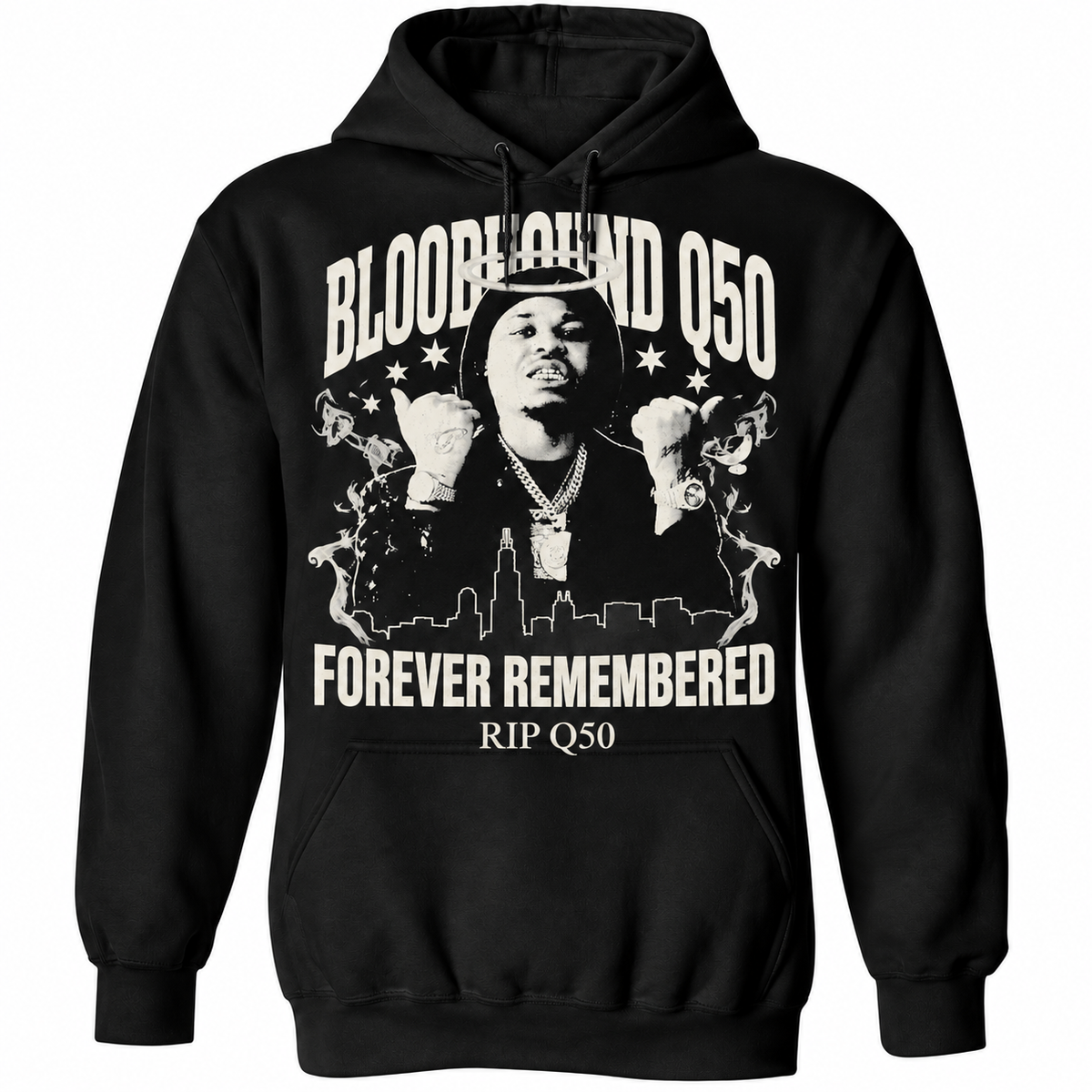 Bloodhound Q50 Forever Remembered RIP Memorial Graphic Hoodie – Black Hip Hop Tribute Sweatshirt