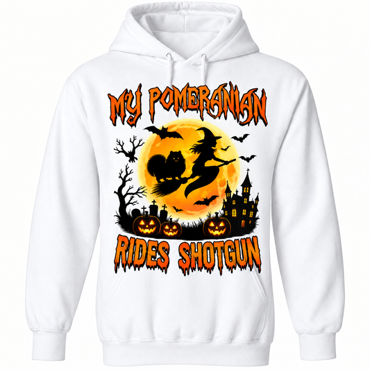 Pomeranian Halloween Rides Shotgun T-Shirst
