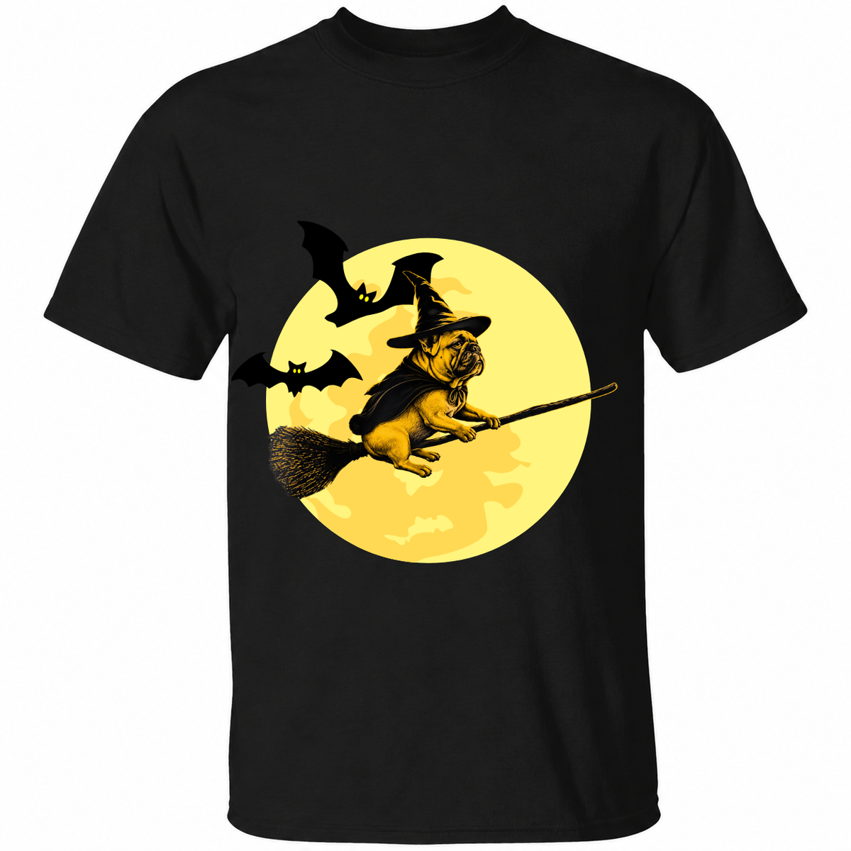 Witch Bulldog Halloween T-Shirt – Funny Dog Riding Broomstick Graphic Tee – Spooky Season Shirt