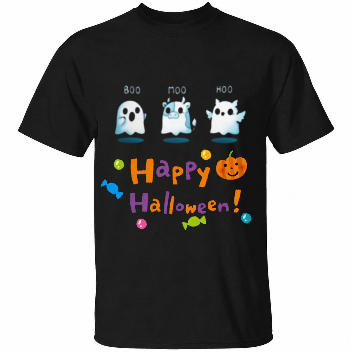 Boo Moo Hoo Happy Halloween T-Shirt – Cute Ghost & Pumpkin Graphic Tee – Spooky Season Shirt