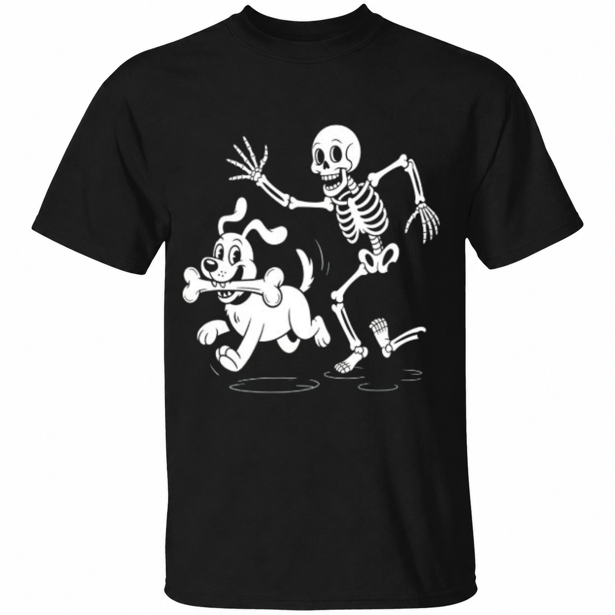 Funny Skeleton & Dog Halloween T-Shirt – Playful Spooky Graphic Tee – Dog Lover Shirt