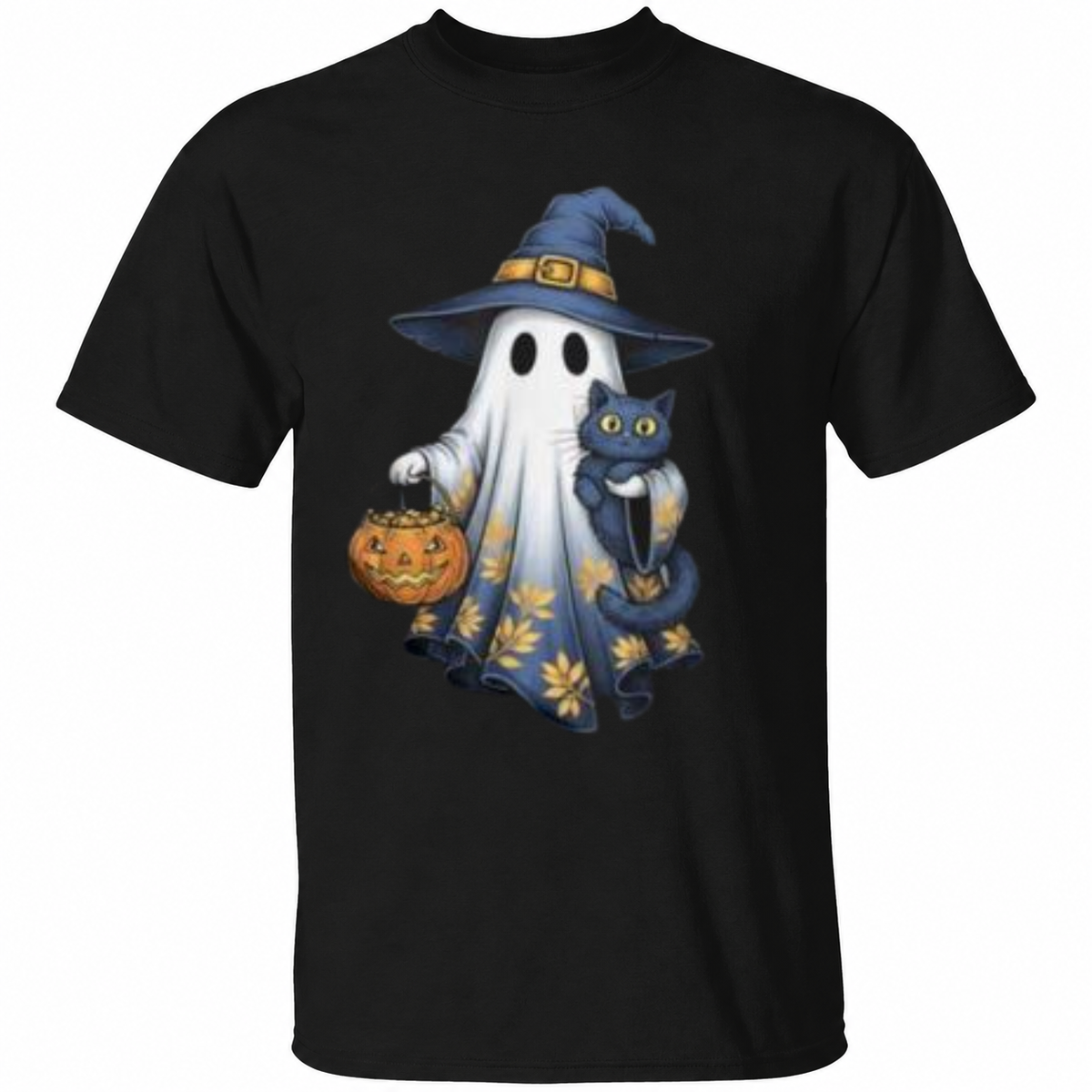 Cute Witch Ghost & Black Cat Halloween T-Shirt – Spooky Pumpkin Graphic Tee
