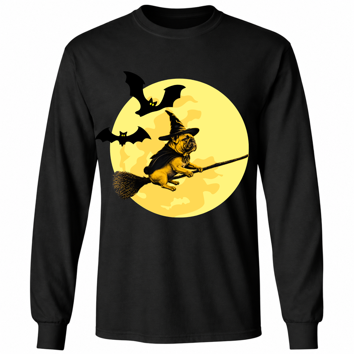 Witch Bulldog Halloween T-Shirt – Funny Dog Riding Broomstick Graphic Tee – Spooky Season Shirt