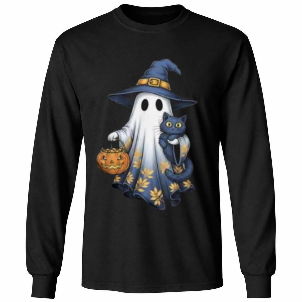 Cute Witch Ghost & Black Cat Halloween T-Shirt – Spooky Pumpkin Graphic Tee