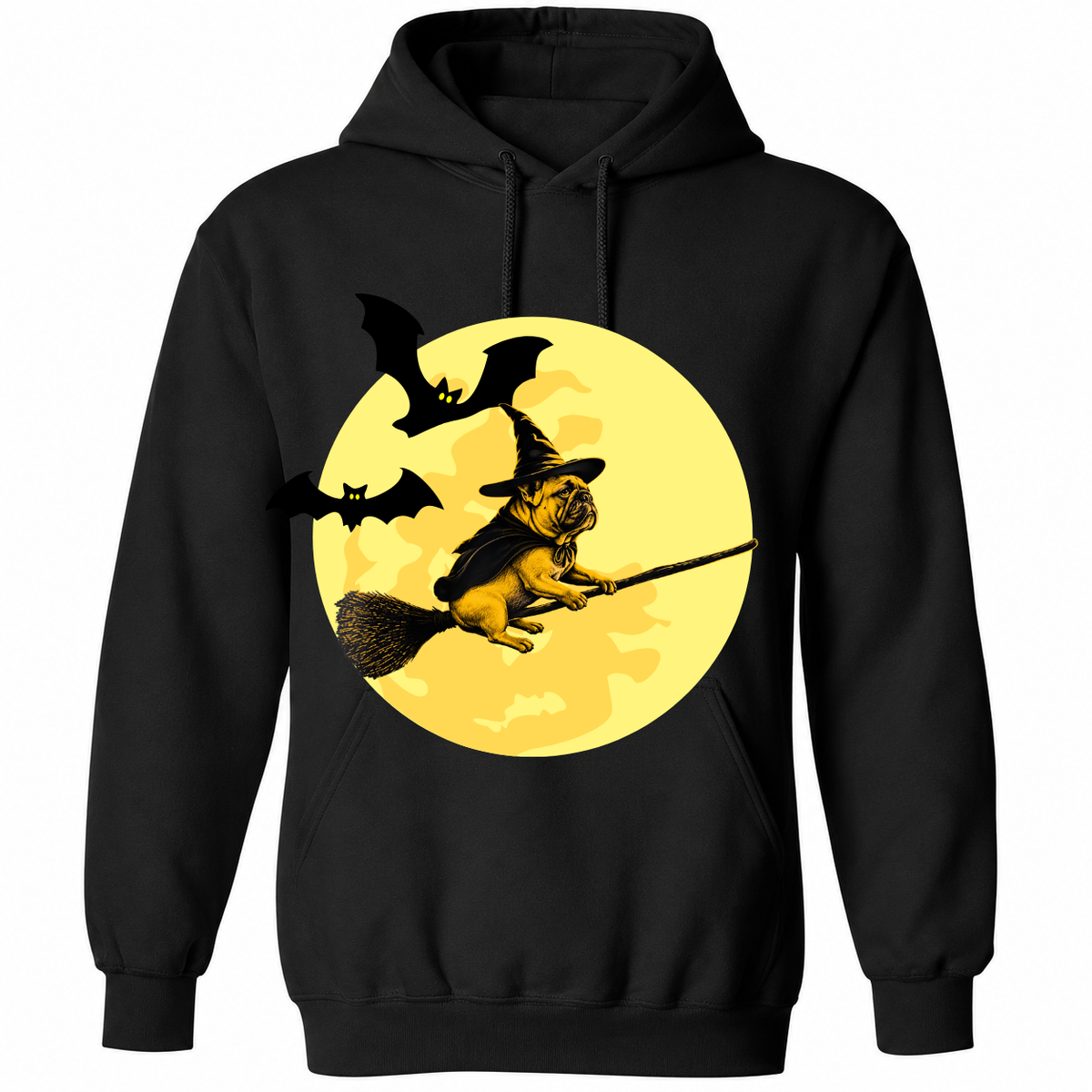 Witch Bulldog Halloween T-Shirt – Funny Dog Riding Broomstick Graphic Tee – Spooky Season Shirt