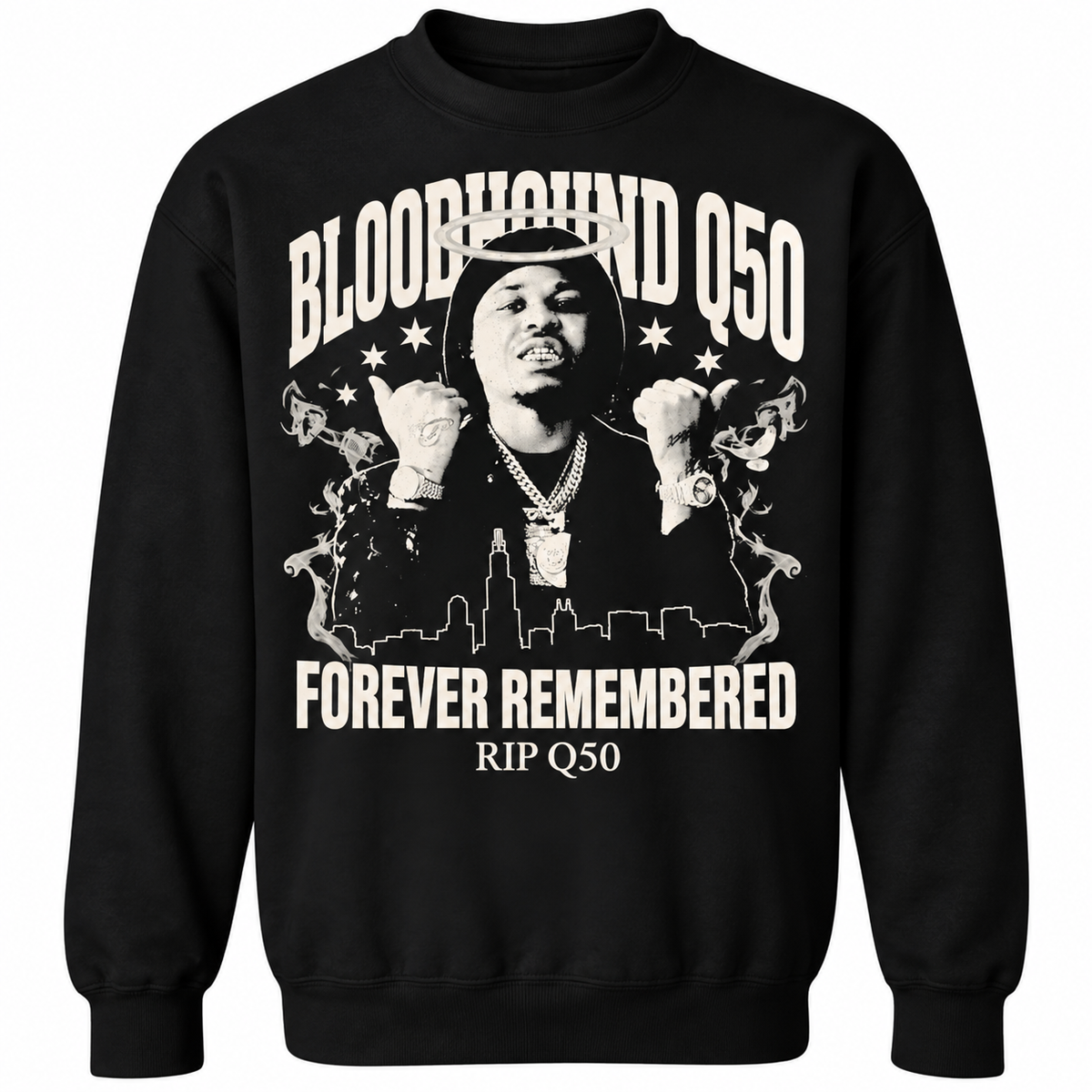 Bloodhound Q50 Forever Remembered RIP Memorial Graphic Hoodie – Black Hip Hop Tribute Sweatshirt