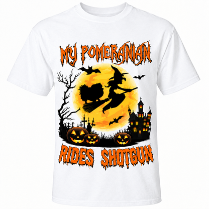 Pomeranian Halloween Rides Shotgun T-Shirst