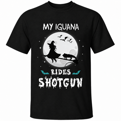 My Iguana Rides Shotgun Halloween  Funny Iguana & Witch Design T-Shirts