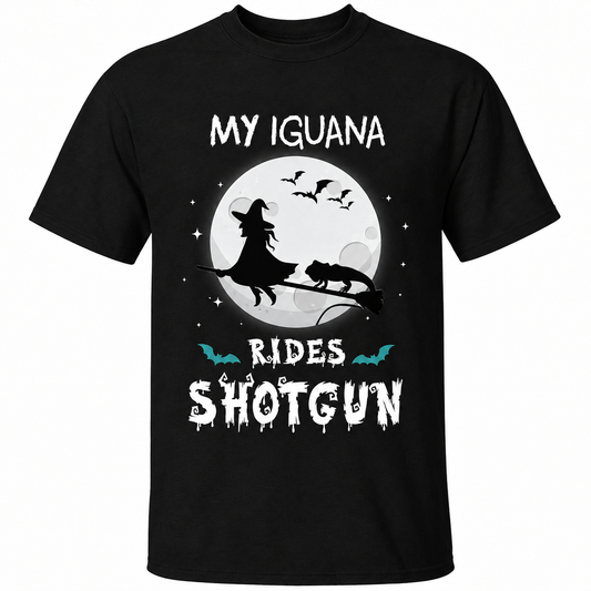 My Iguana Rides Shotgun Halloween  Funny Iguana & Witch Design T-Shirts