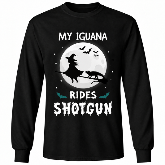 My Iguana Rides Shotgun Halloween  Funny Iguana & Witch Design T-Shirts